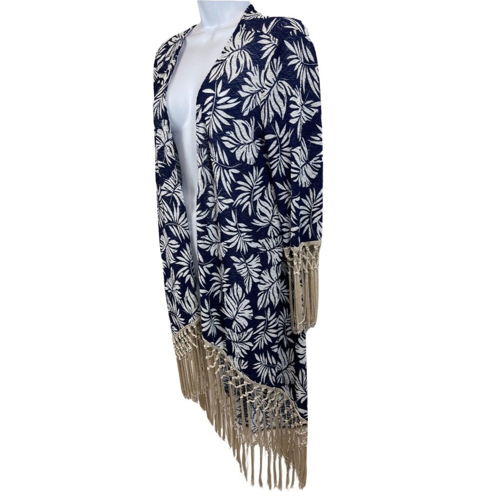 Moon Collection Semi Sheer Long Open Cardigan Fringe Blue White Beige Medium M